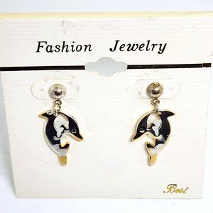 Vintage "BEST" DOLPHIN Two Tone Metal Dangle Pierced Earrings NOC NOS